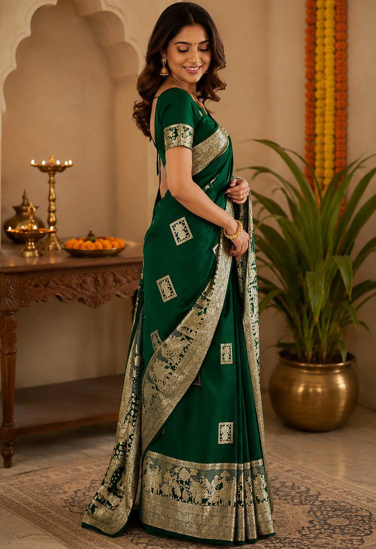 Dark bottle green soft silk geomatric buttas jacquard zari woven banarasi saree