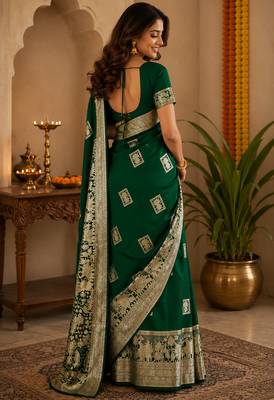 Dark bottle green soft silk geomatric buttas jacquard zari woven banarasi saree 3