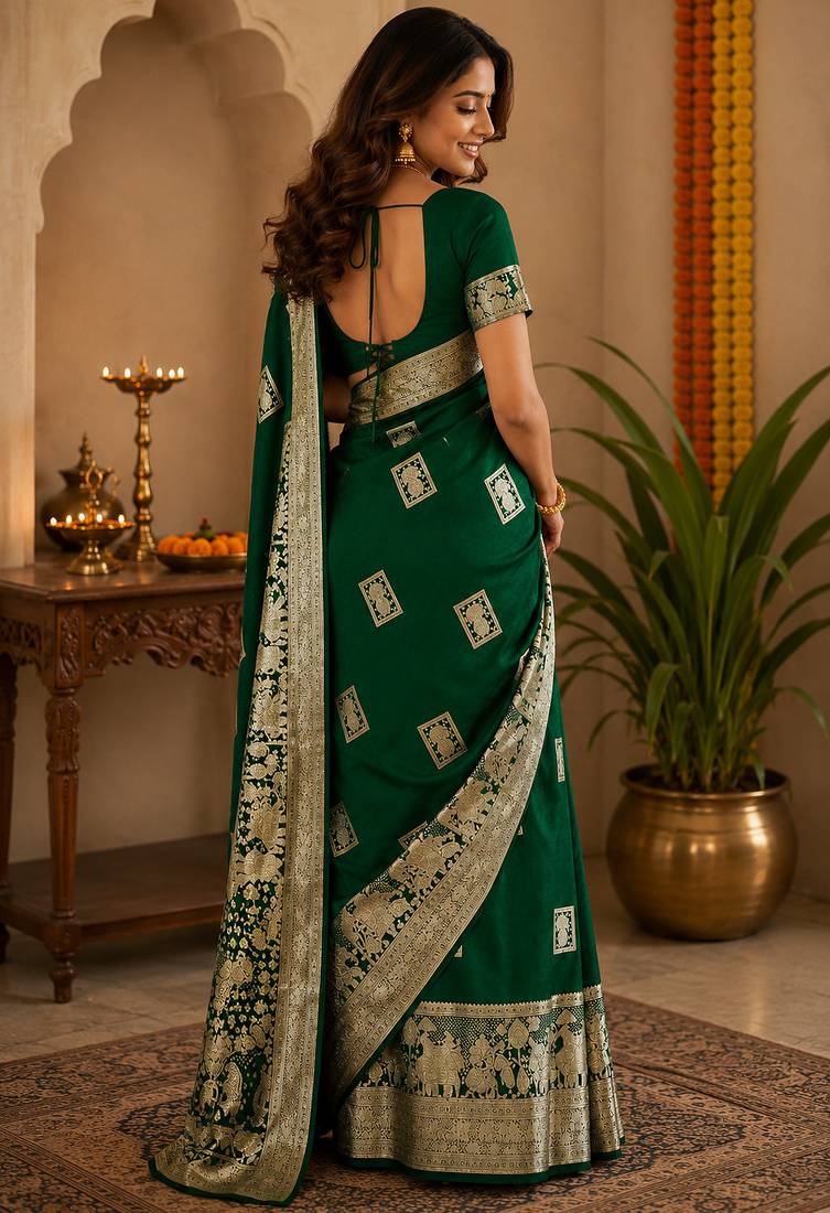 Dark bottle green soft silk geomatric buttas jacquard zari woven banarasi saree