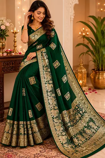 Dark bottle green soft silk geomatric buttas jacquard zari woven banarasi saree