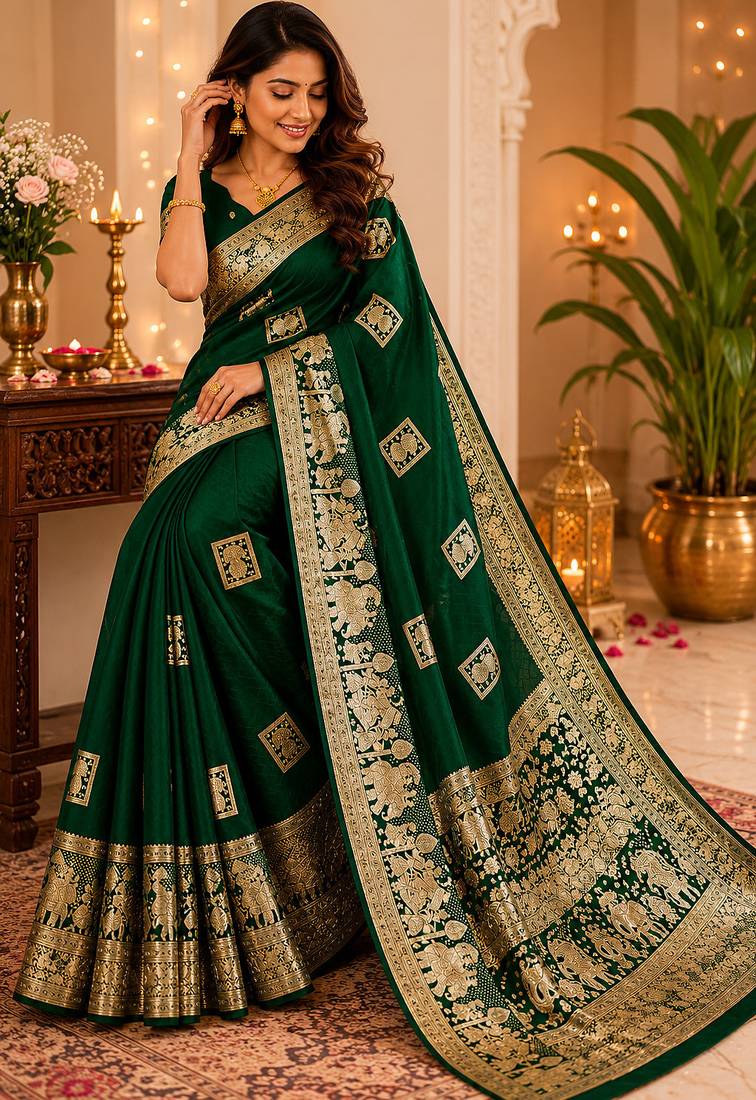 Dark bottle green soft silk geomatric buttas jacquard zari woven banarasi saree