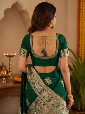 Dark bottle green soft silk geomatric buttas jacquard zari woven banarasi saree 5