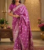 Violet soft silk geomatric buttis jacquard zari woven banarasi saree