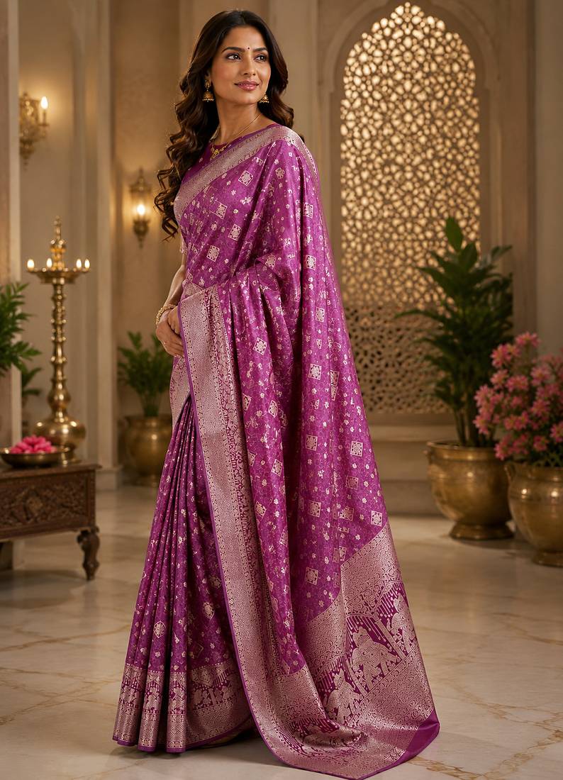 Violet soft silk geomatric buttis jacquard zari woven banarasi saree