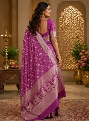 Violet soft silk geomatric buttis jacquard zari woven banarasi saree 3