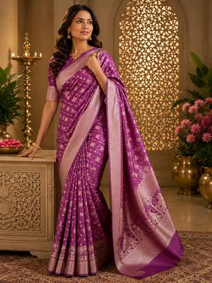 Violet soft silk geomatric buttis jacquard zari woven banarasi saree 4