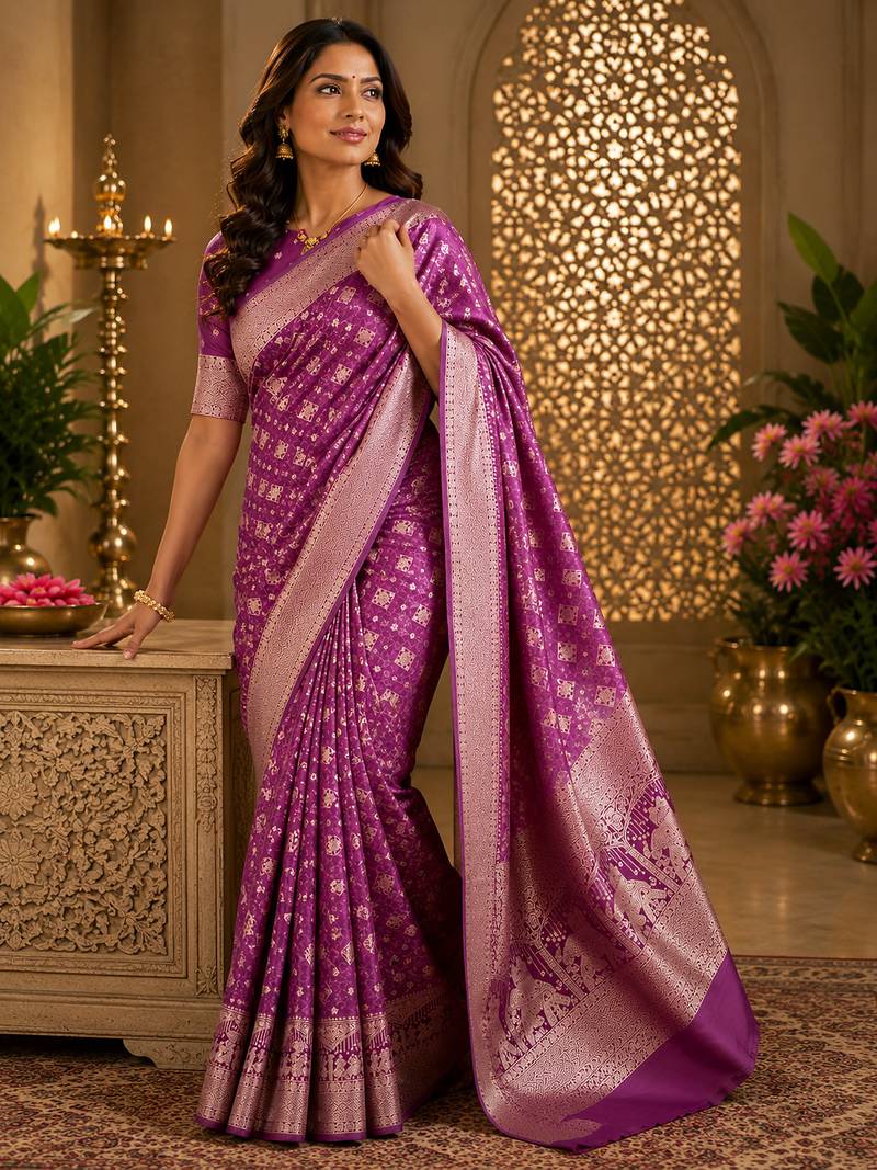Violet soft silk geomatric buttis jacquard zari woven banarasi saree