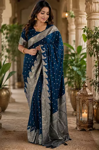 Navy blue soft silk small ethnic butti jacquard zari woven banarasi saree