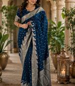 Navy blue soft silk small ethnic butti jacquard zari woven banarasi saree