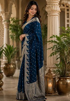 Navy blue soft silk small ethnic butti jacquard zari woven banarasi saree 2