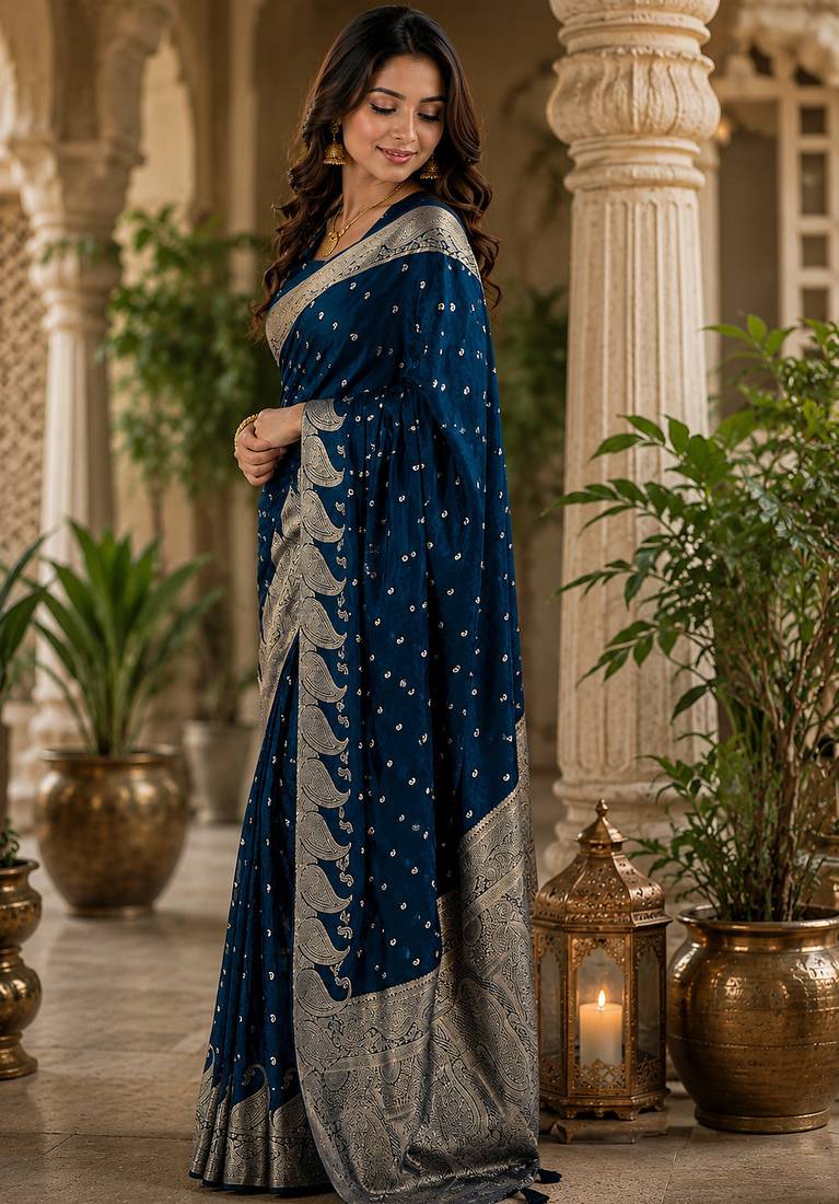 Navy blue soft silk small ethnic butti jacquard zari woven banarasi saree