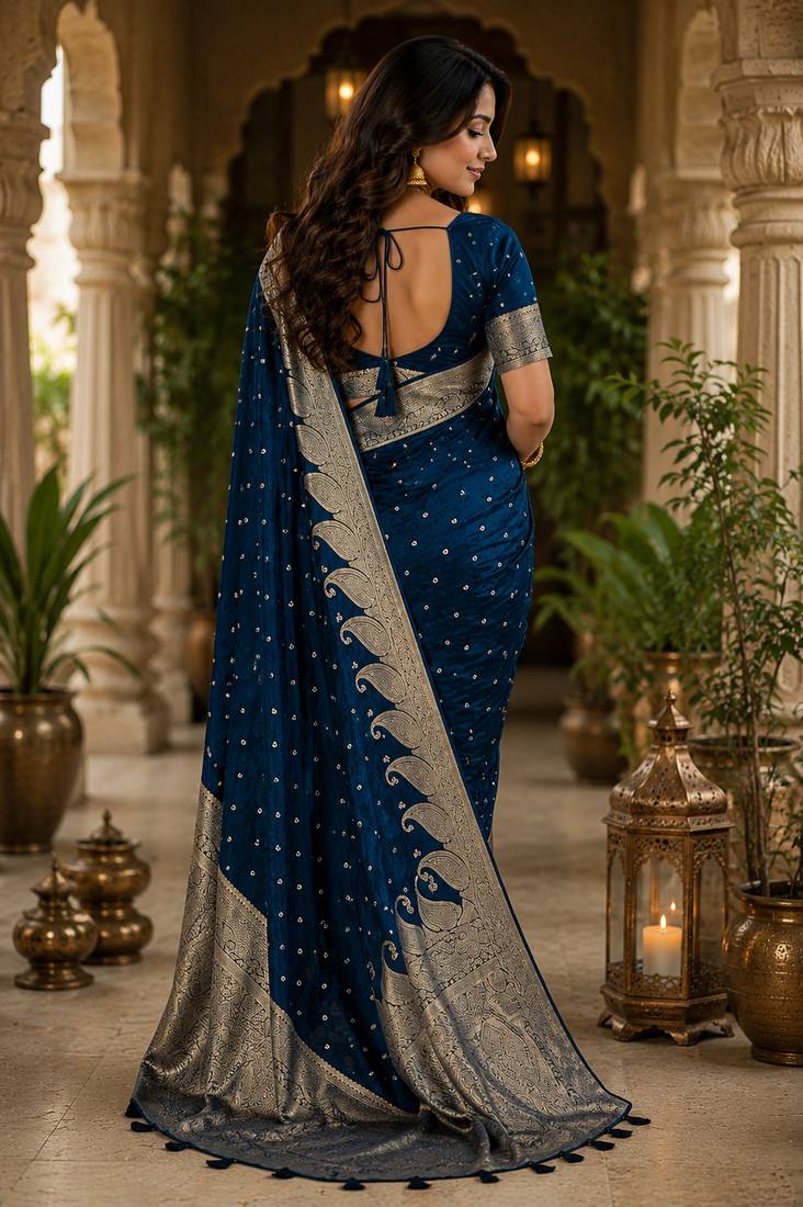 Navy blue soft silk small ethnic butti jacquard zari woven banarasi saree