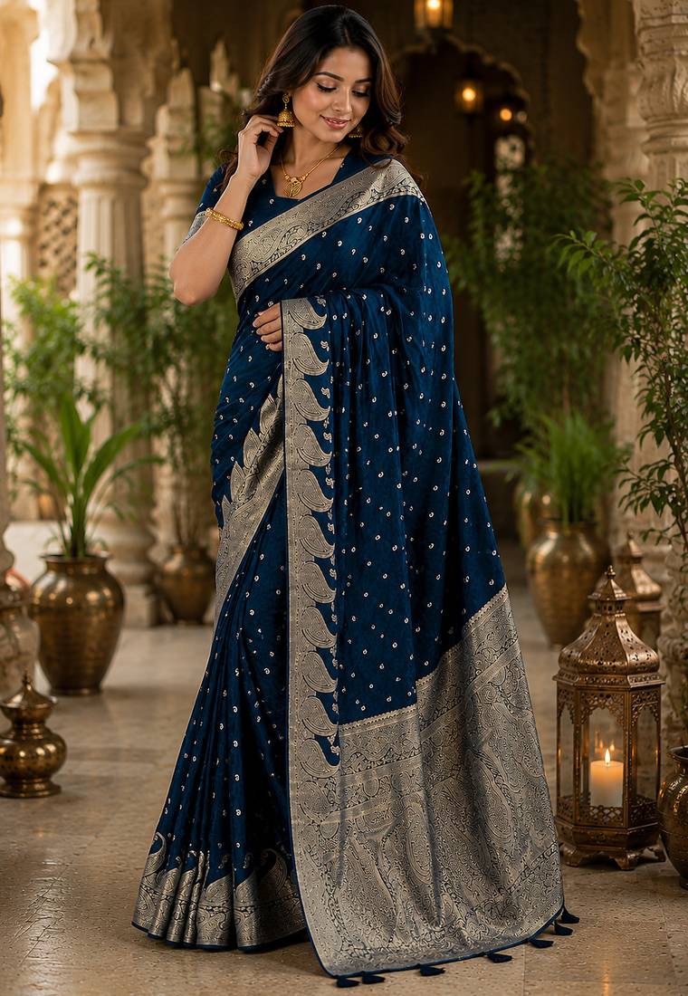 Navy blue soft silk small ethnic butti jacquard zari woven banarasi saree