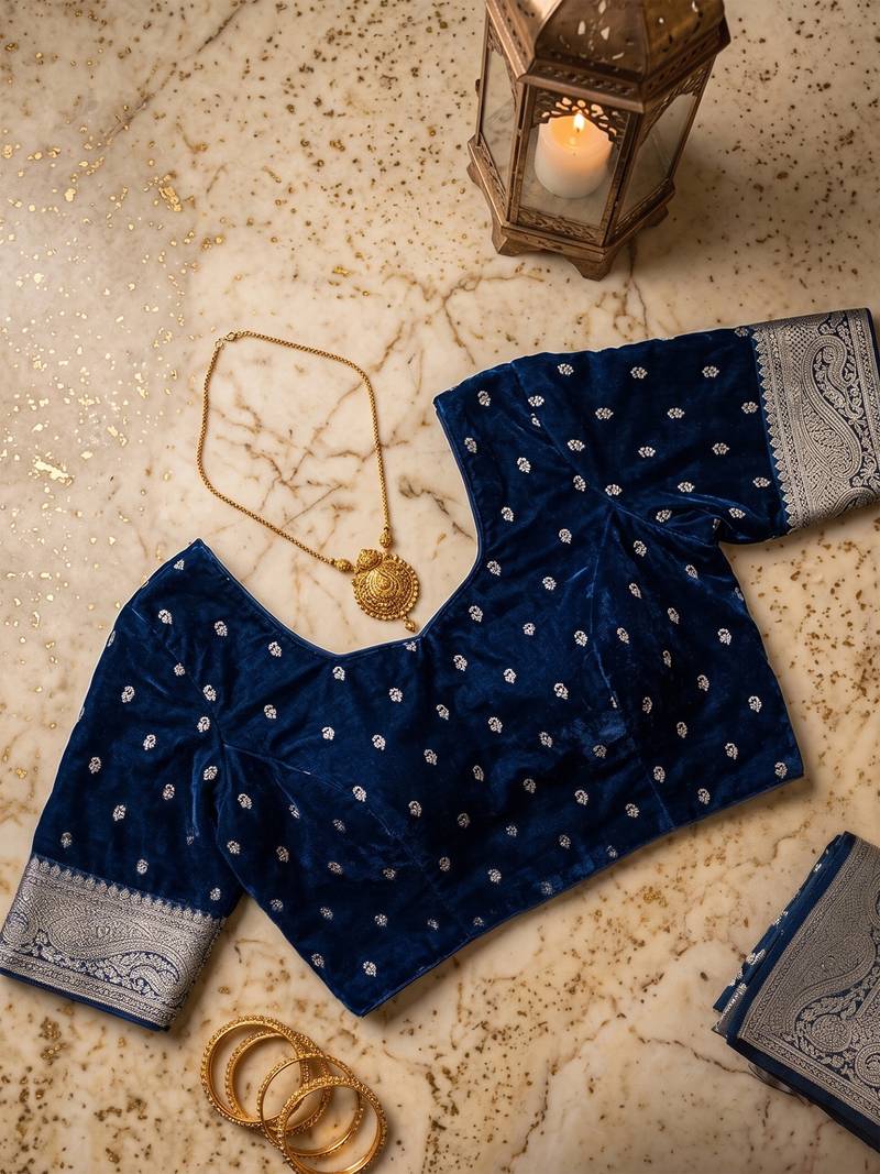 Navy blue soft silk small ethnic butti jacquard zari woven banarasi saree