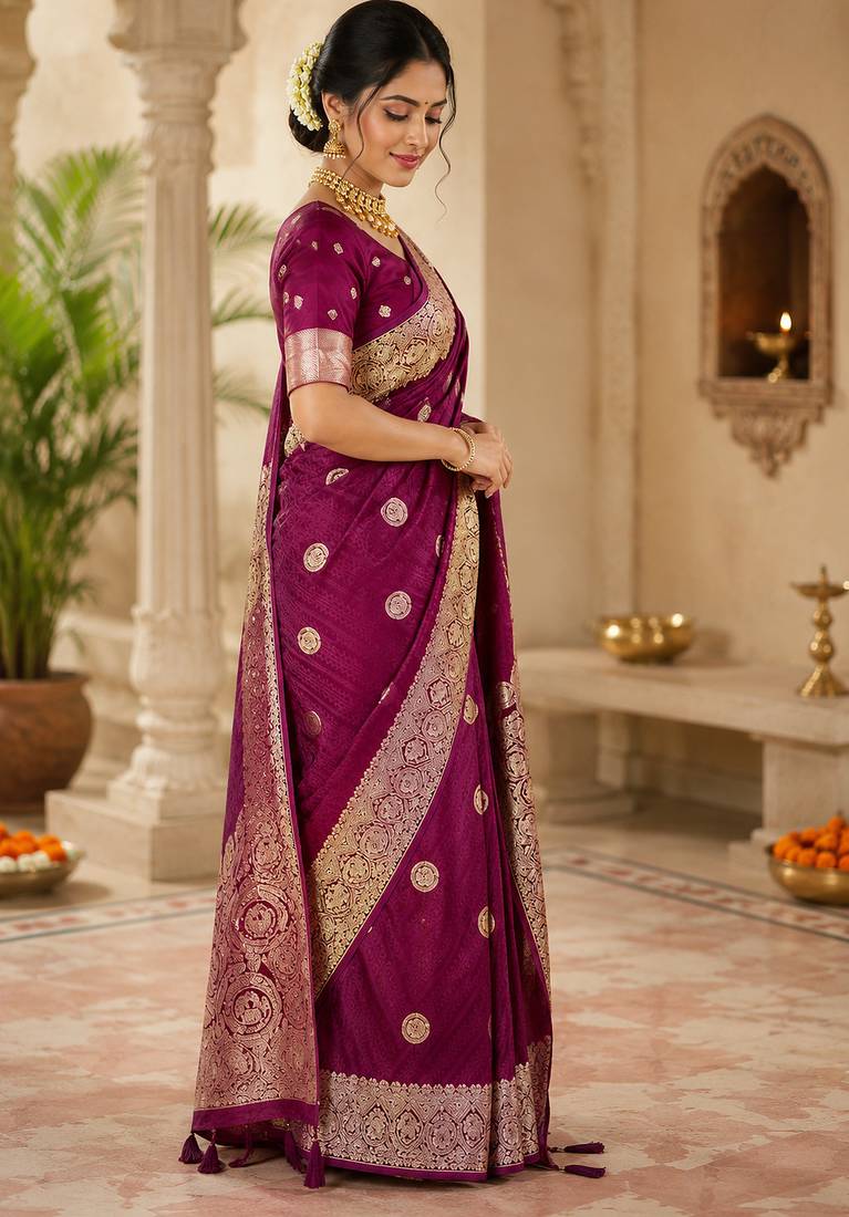 Maroon soft silk circular motifs jacquard zari woven banarasi saree