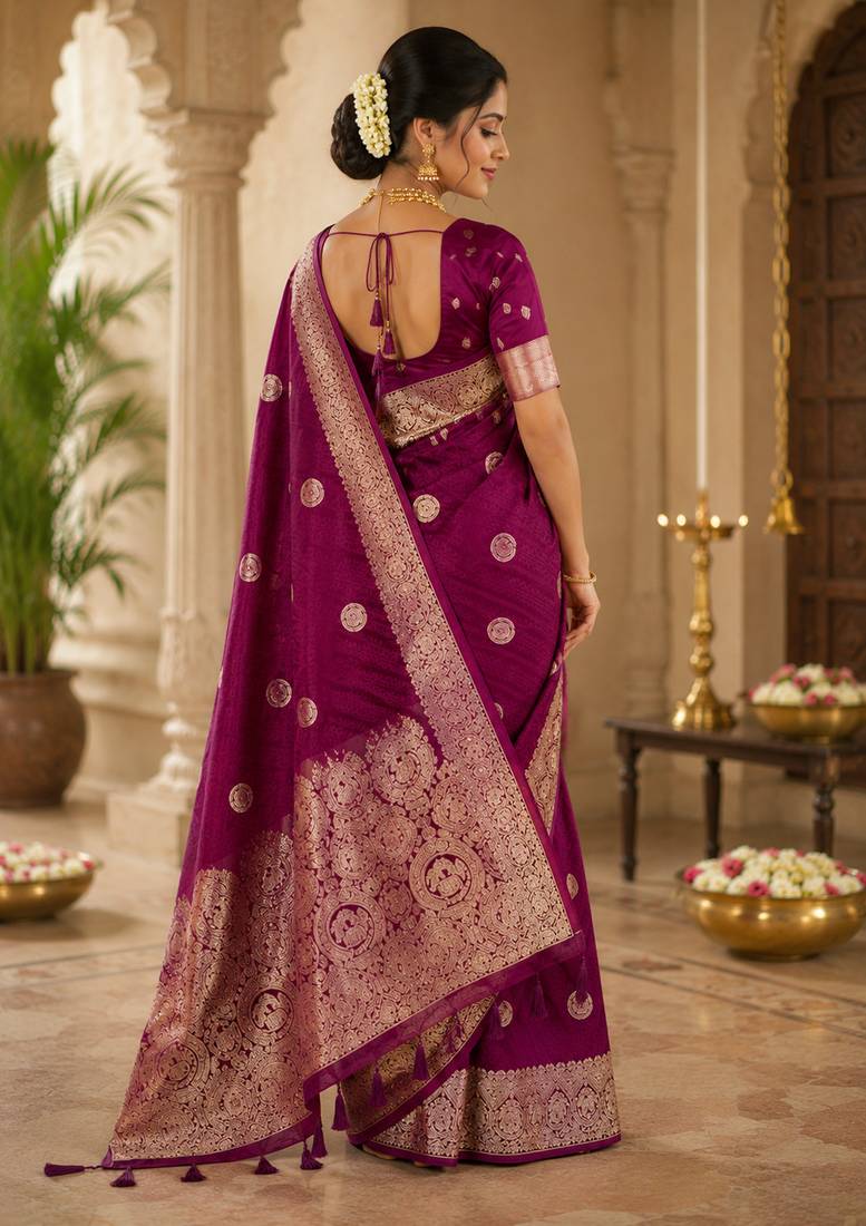 Maroon soft silk circular motifs jacquard zari woven banarasi saree