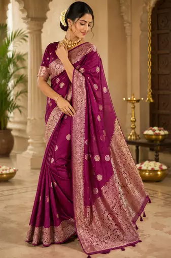 Maroon soft silk circular motifs jacquard zari woven banarasi saree