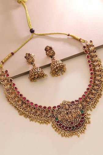 Maroon & green color temple necklace set traditional design