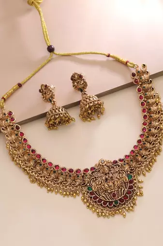 Maroon & green color temple necklace set traditional design