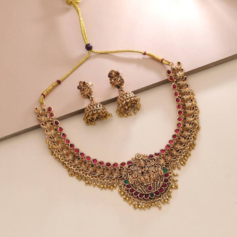 Maroon & green color temple necklace set traditional design