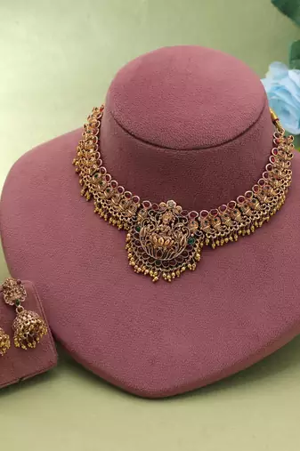 Maroon & green color temple necklace set traditional design