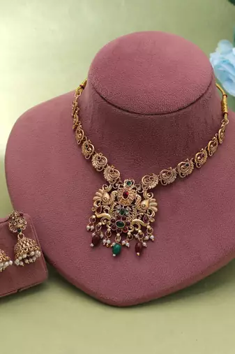 Maroon & green color temple necklace set temple art design