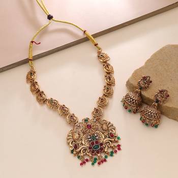 Maroon & green color temple necklace set antique finish 1