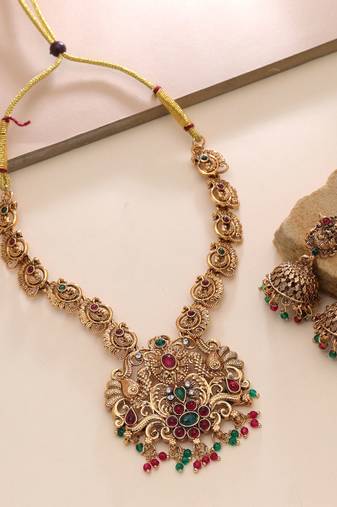 Maroon & green color temple necklace set antique finish