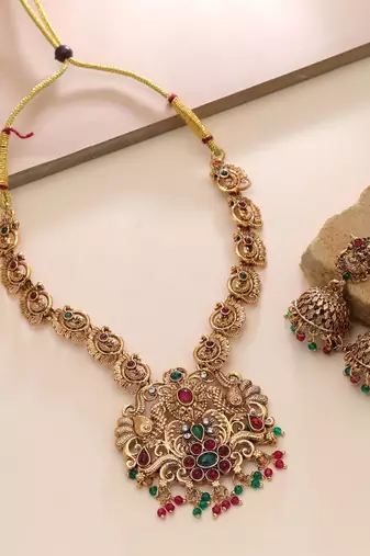 Maroon & green color temple necklace set antique finish