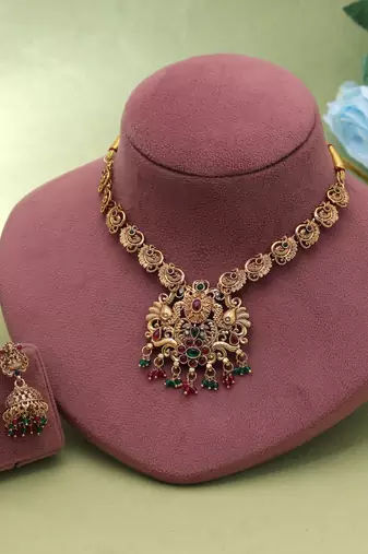 Maroon & green color temple necklace set antique finish