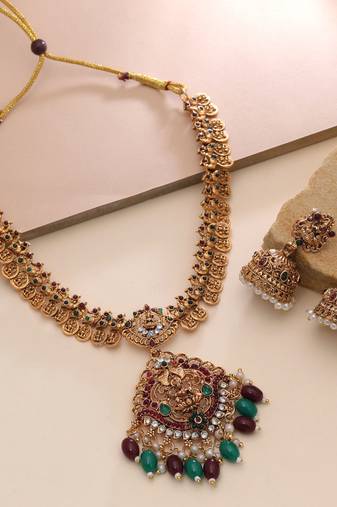Maroon & green color temple necklace set festive look