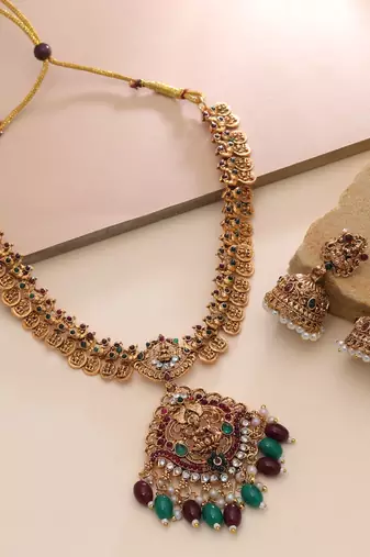 Maroon & green color temple necklace set festive look