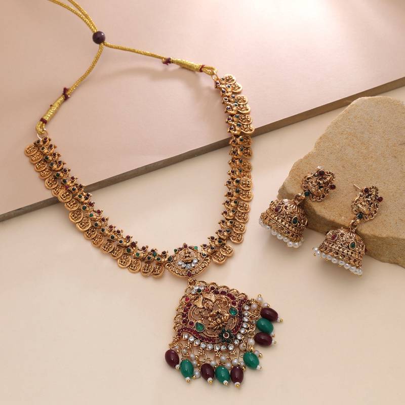Maroon & green color temple necklace set festive look