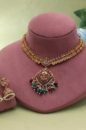 Maroon & green color temple necklace set festive look