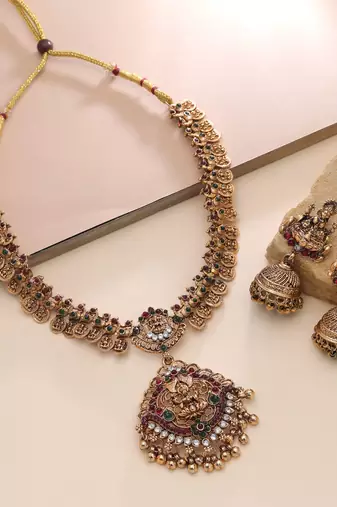 Maroon & green color temple necklace set goddess design