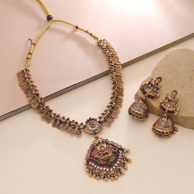 Maroon & green color temple necklace set goddess design