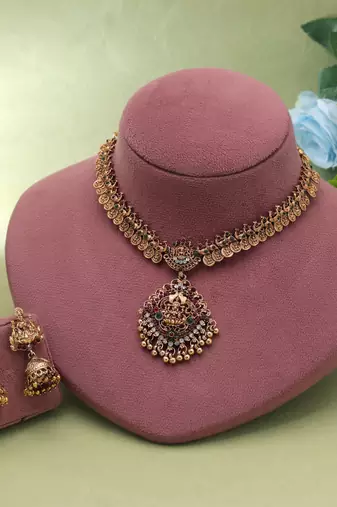Maroon & green color temple necklace set goddess design