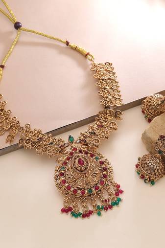 Rani & green color temple necklace set wedding design