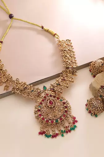 Rani & green color temple necklace set wedding design