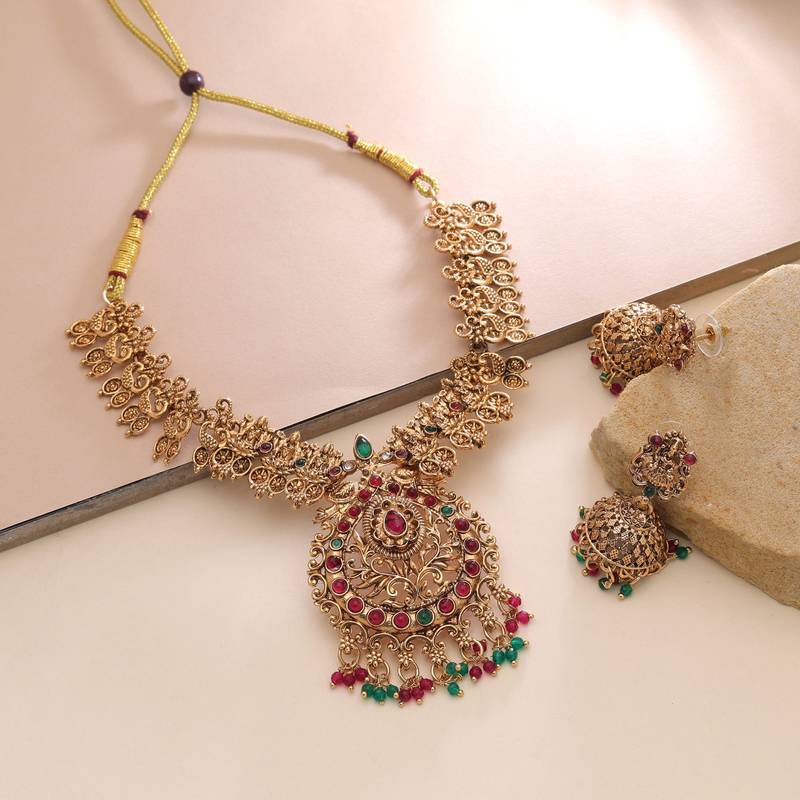 Rani & green color temple necklace set wedding design