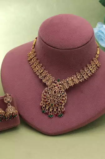 Rani & green color temple necklace set wedding design