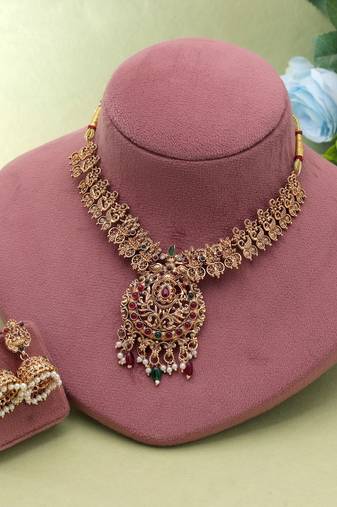 Maroon & green color temple necklace set ethnic pattern