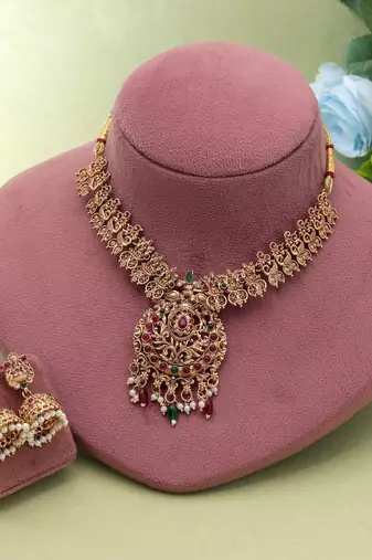 Maroon & green color temple necklace set ethnic pattern