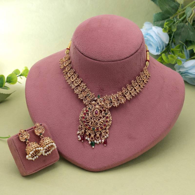 Maroon & green color temple necklace set ethnic pattern
