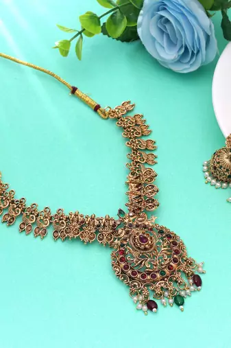 Maroon & green color temple necklace set ethnic pattern