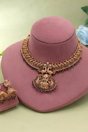 Rani & green color temple necklace set bridal style