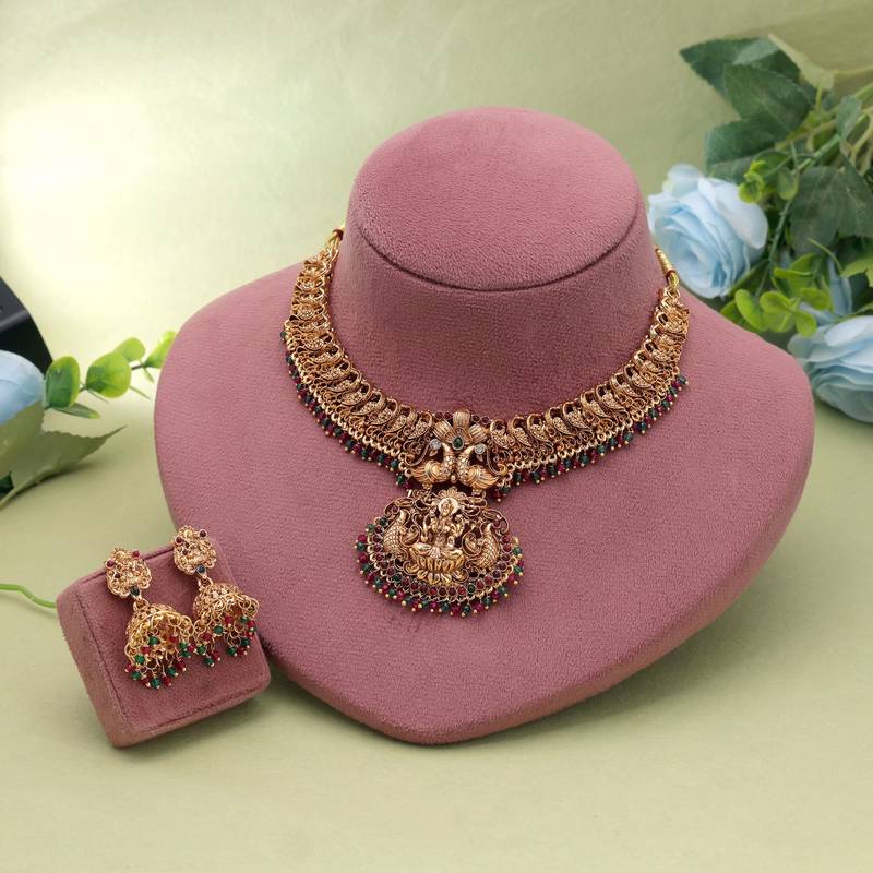 Rani & green color temple necklace set bridal style