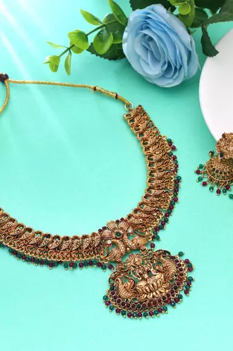 Rani & green color temple necklace set bridal style