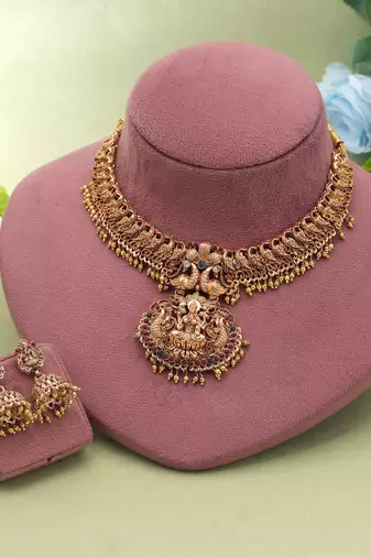 Maroon & green color temple necklace set south indian design