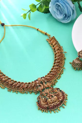 Maroon & green color temple necklace set south indian design